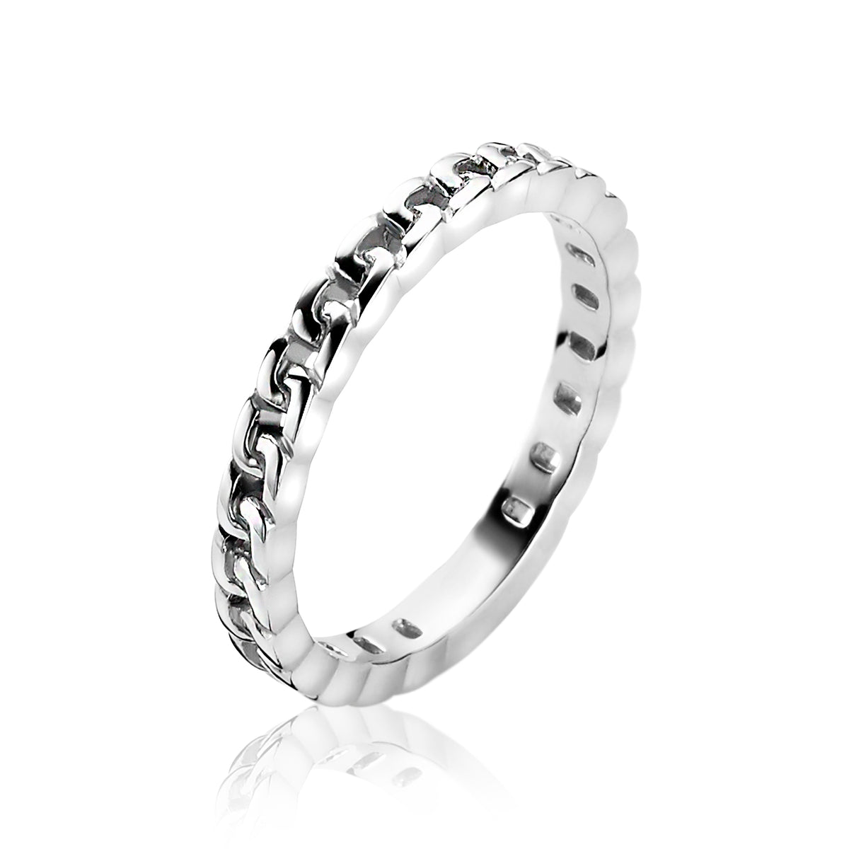 Bague en argent avec un design en chaîne et une finition polie.