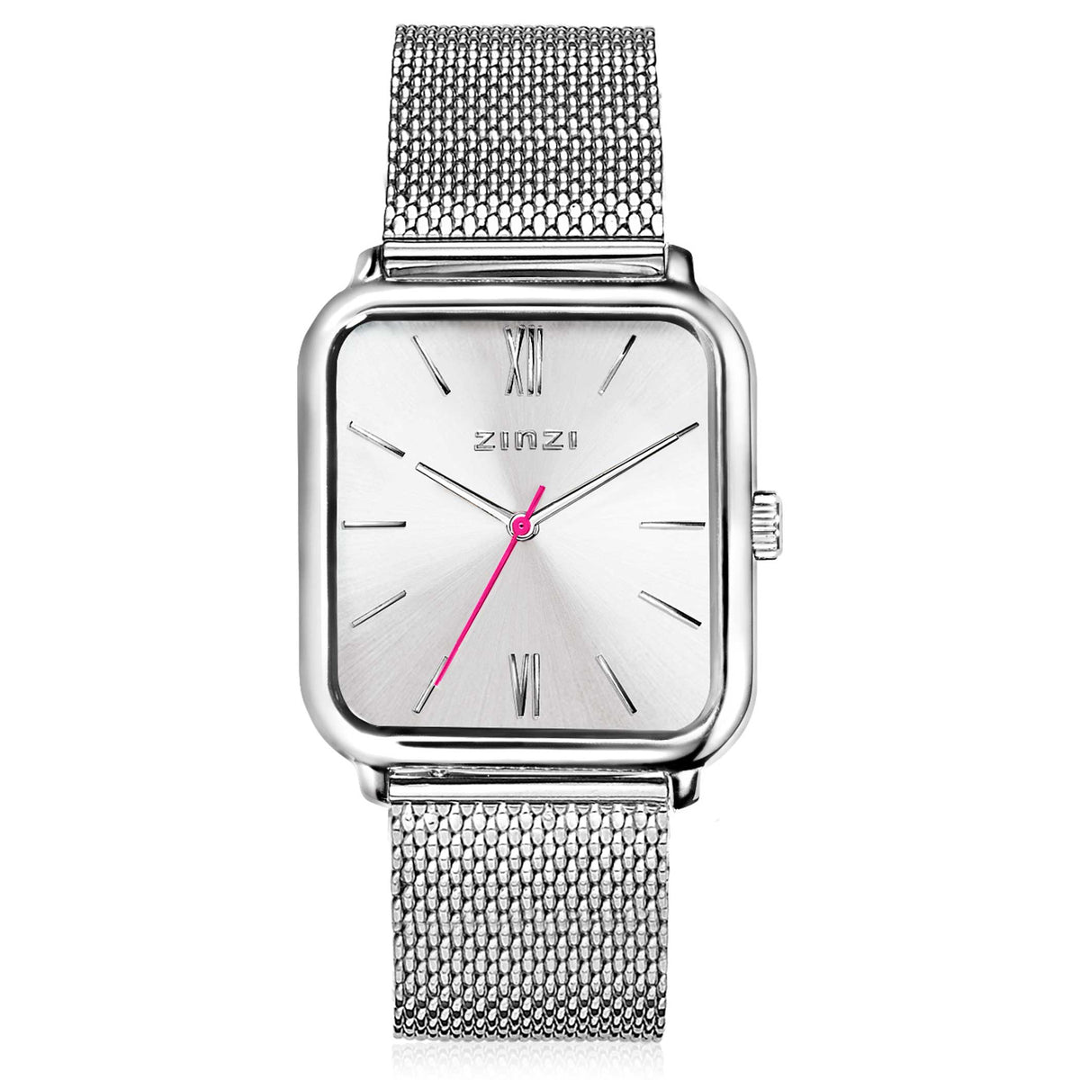 Montre en acier argenté avec cadran rectangulaire, aiguilles rose et bracelet en maille.
