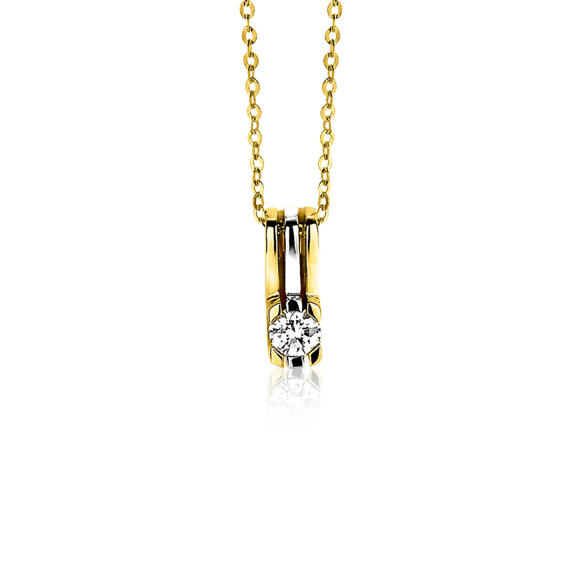 Pendentif en or avec un diamant brillant, suspendu à une chaîne délicate.