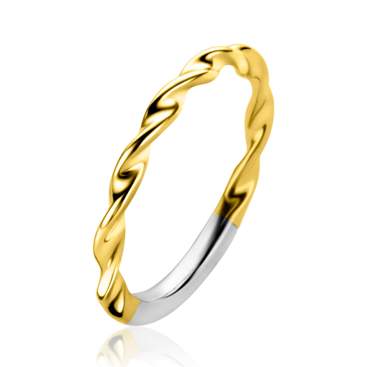 Bague dorée avec un design torsadé et une finition argentée sur le bas.