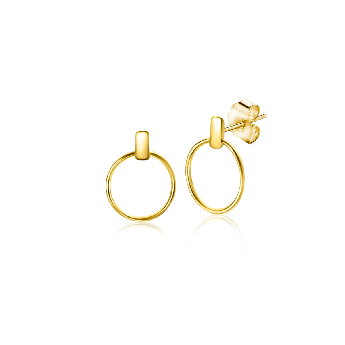 Boucles d'oreilles en or avec un design circulaire et un petit détail rectangulaire.