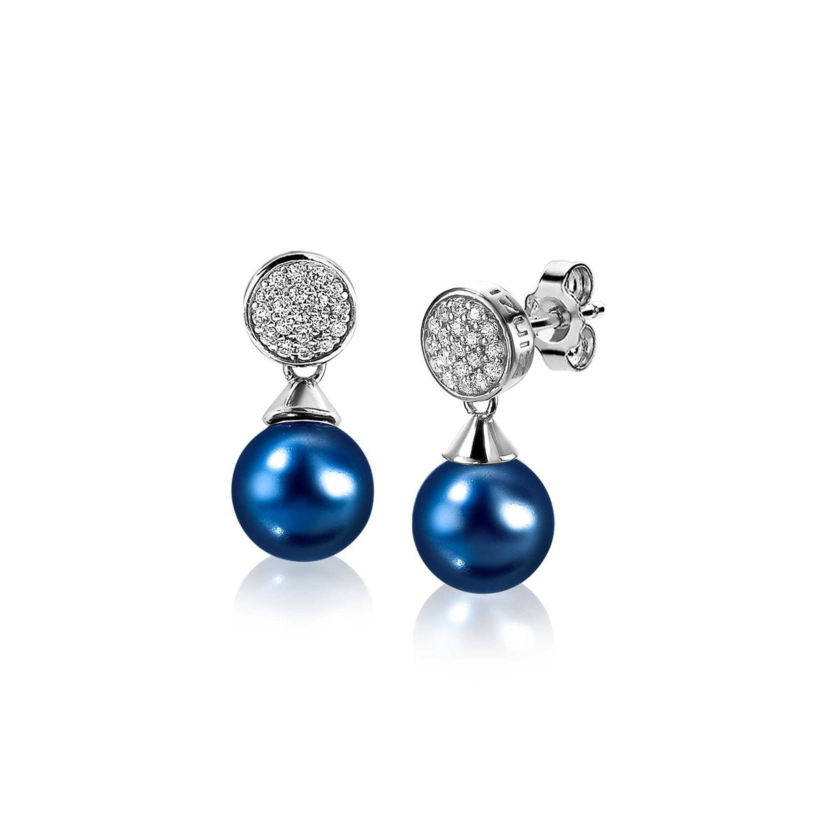 Boucles d'oreilles en argent avec perles bleues et détails en strass.