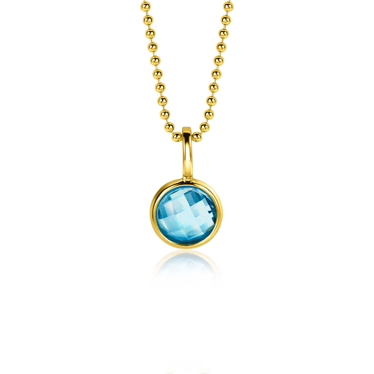 Pendentif doré avec une pierre bleue ronde et chaîne à billes.