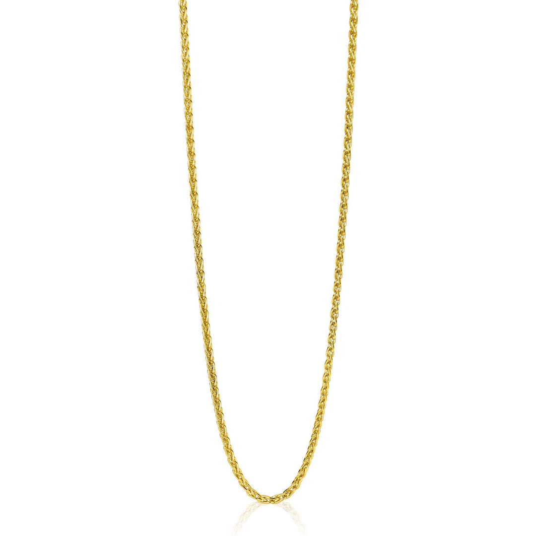 De Zinzi Ketting Goud Zgc307 heeft een 14 krt gouden touwketting met een gedraaid ontwerp dat het licht prachtig reflecteert, bekend als de Gold Palmier Collier. Het is elegant eenvoudig, weergegeven tegen een witte achtergrond zonder extra versieringen of hangers.