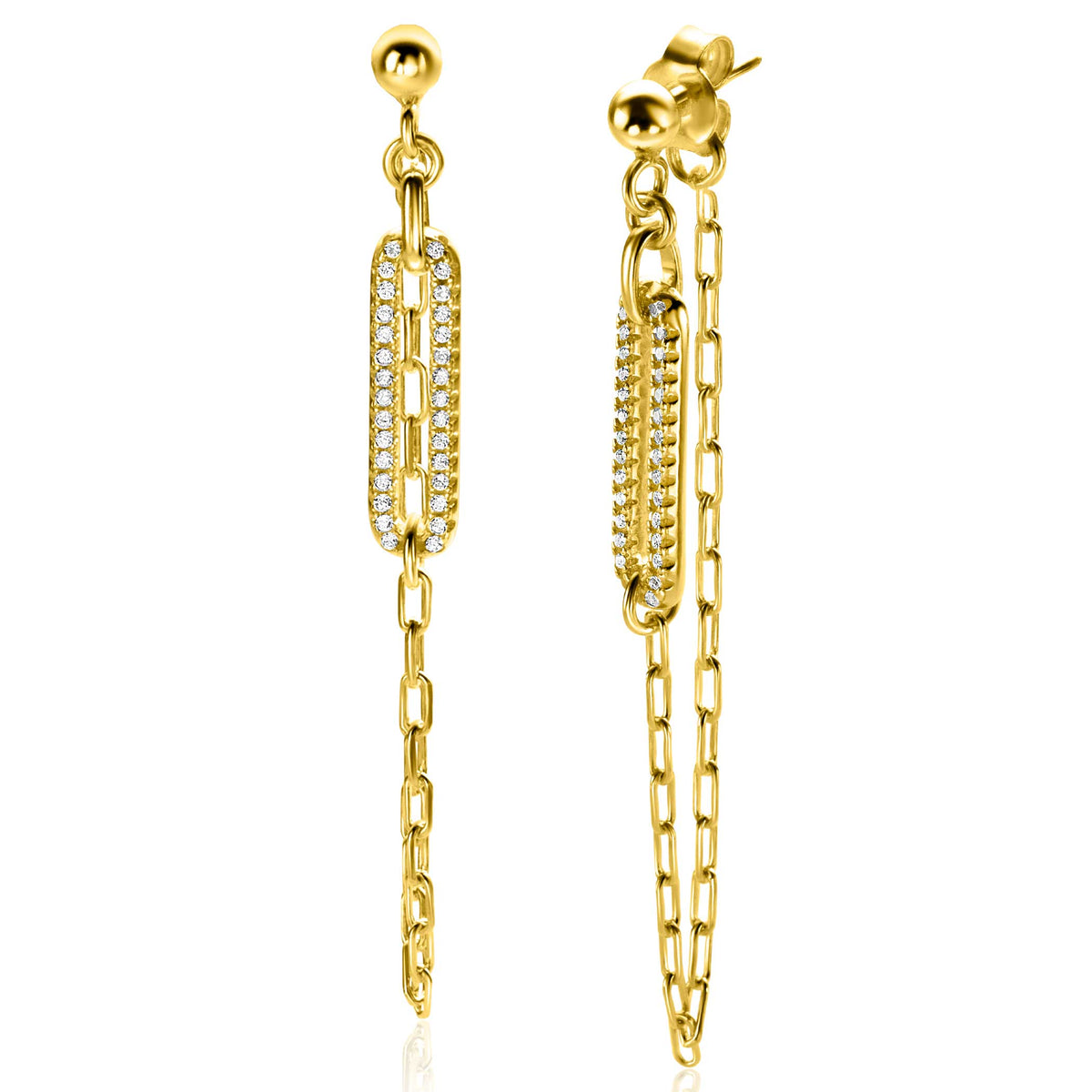 Boucles d'oreilles dorées avec une chaîne et des cristaux brillants.
