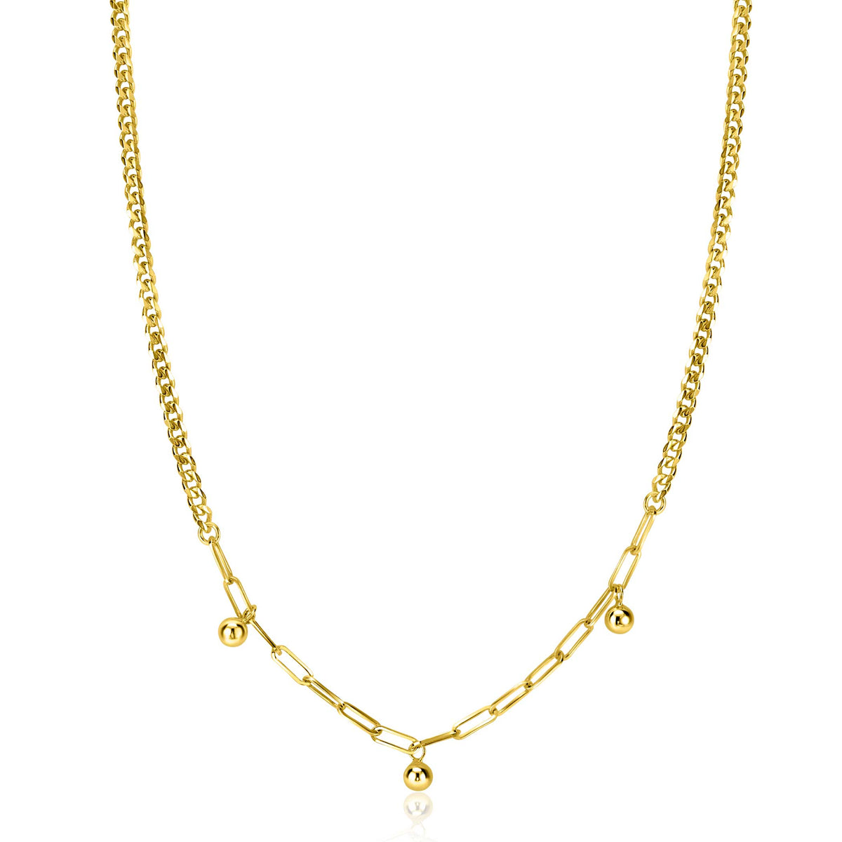 Collier doré avec maillons allongés et trois petites billes.