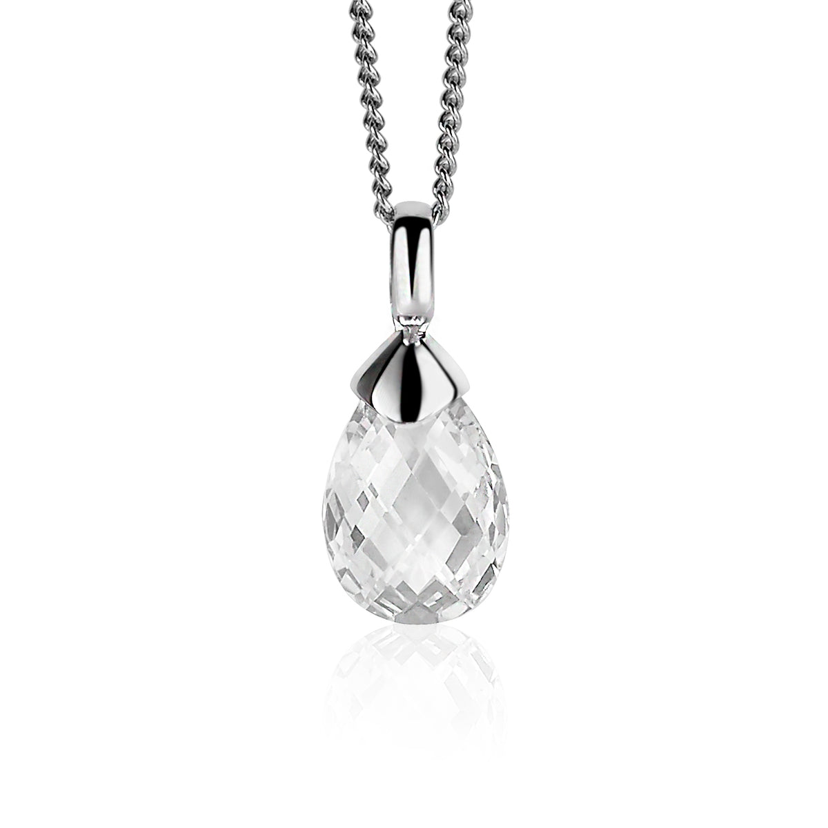 Pendentif en argent avec une pierre en forme de goutte, taillée et brillante.