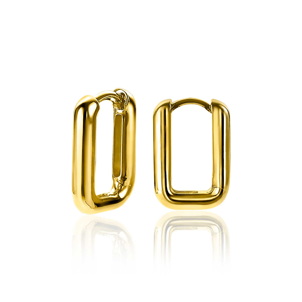 Boucles d'oreilles dorées en forme de rectangle, finition brillante et fermoir sécurisé.