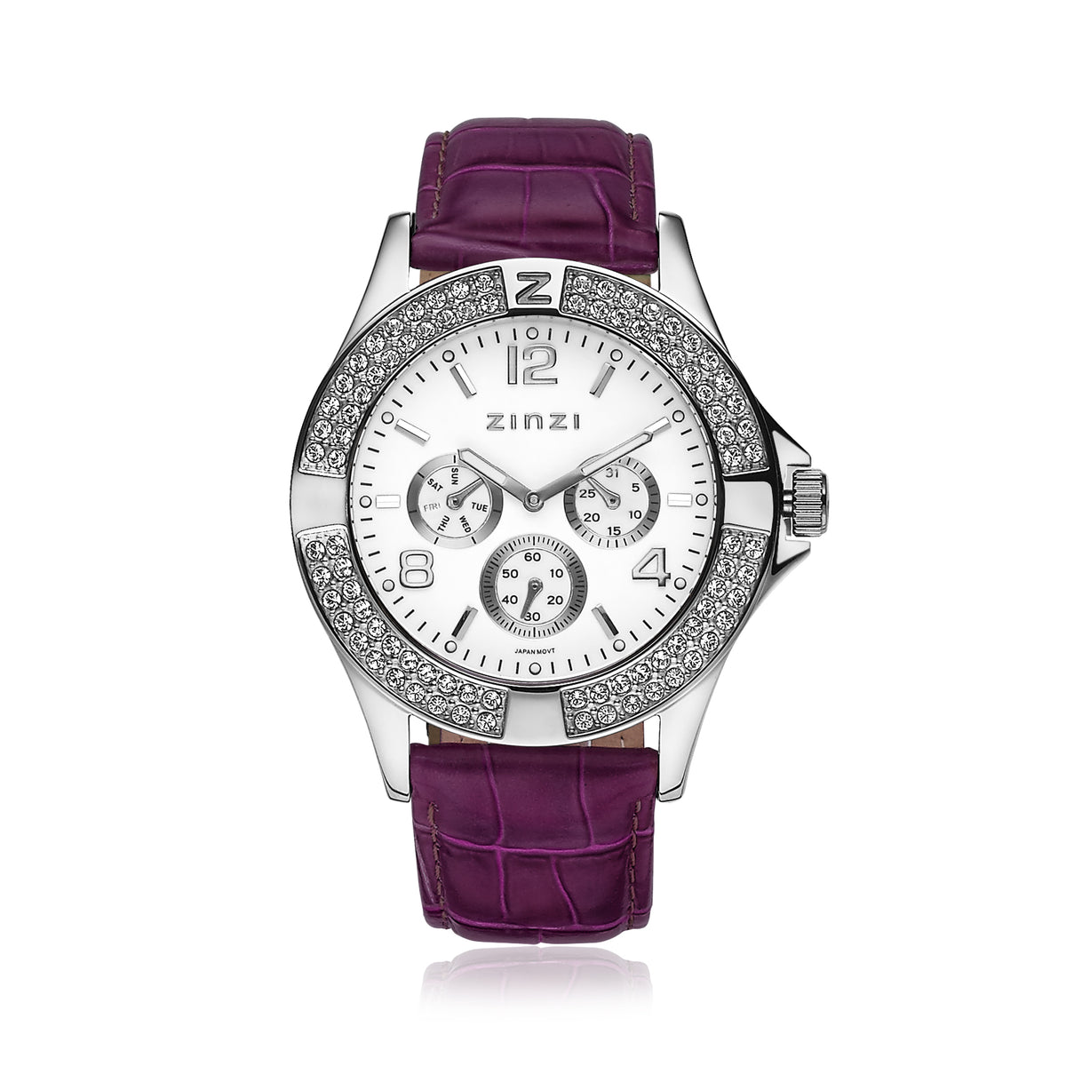Montre en acier argenté avec cadran blanc, bracelet en cuir violet et détails en strass.
