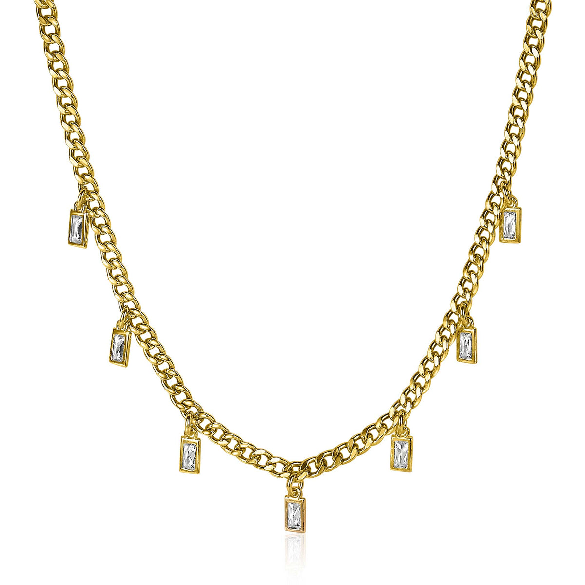 Collier doré avec des pendentifs rectangulaires en cristal.