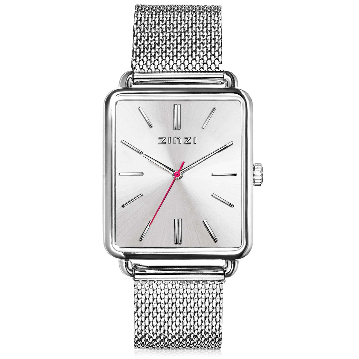 Montre en acier argenté avec un cadran rectangulaire et un bracelet en maille.