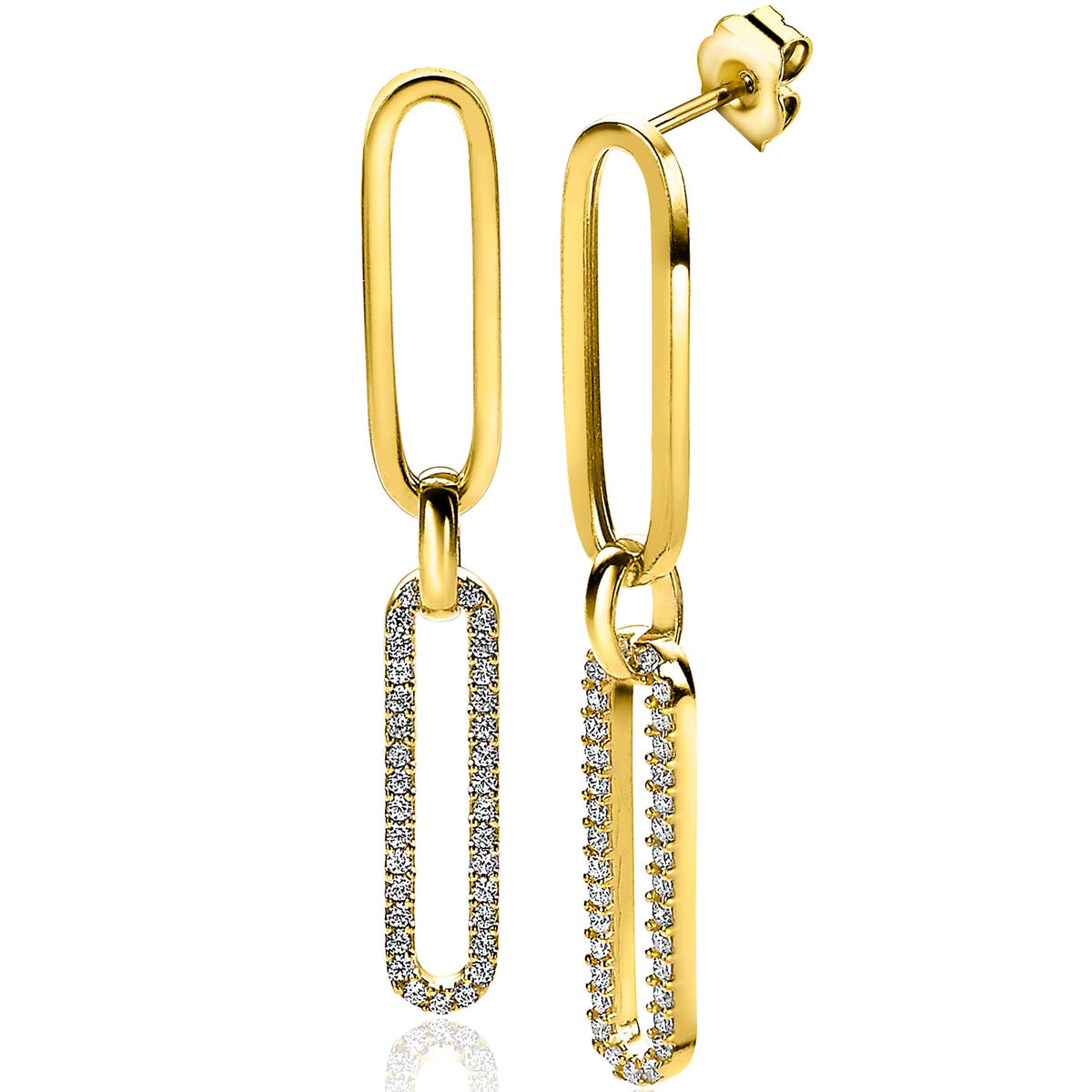 Boucles d'oreilles dorées avec des maillons allongés et des zircons scintillants.