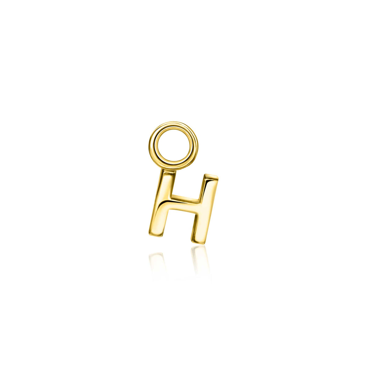 Boucle d'oreille dorée en forme de lettre H avec un anneau.