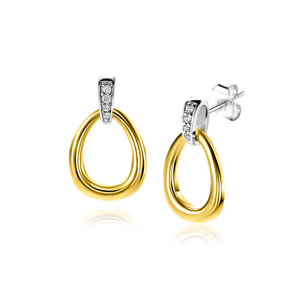 Boucles d'oreilles dorées avec un détail argenté et des pierres scintillantes.