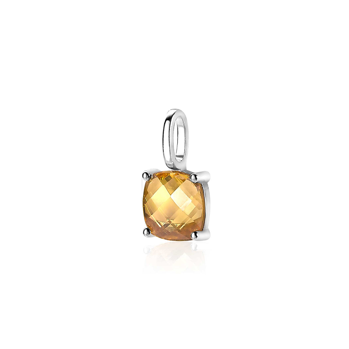 Pendentif en argent avec une pierre jaune taillée en facettes.