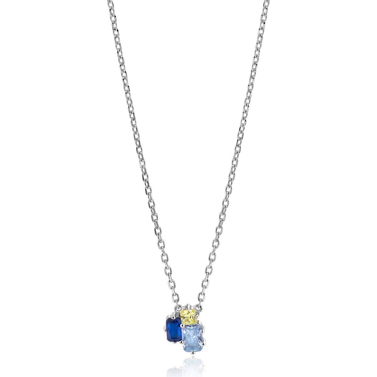 Collier en argent avec des pendentifs en bleu et jaune.