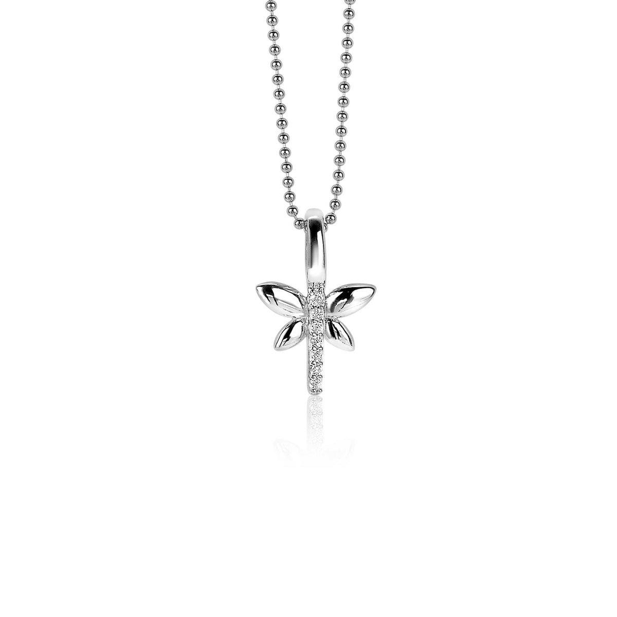 Pendentif en argent en forme de fleur avec des pierres brillantes, suspendu à une chaîne à billes.