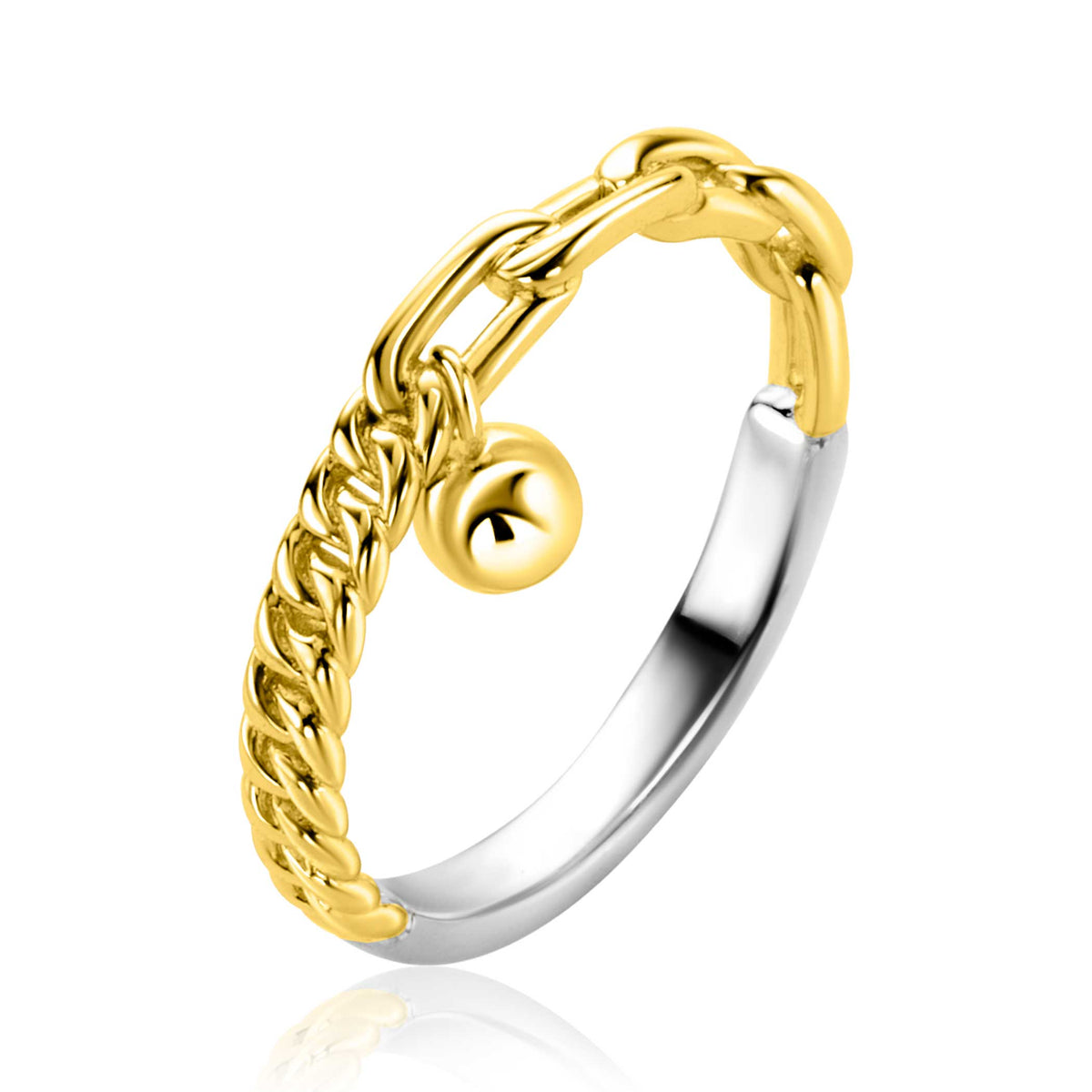 Bague dorée avec maillons et une petite boule, partie en argent.