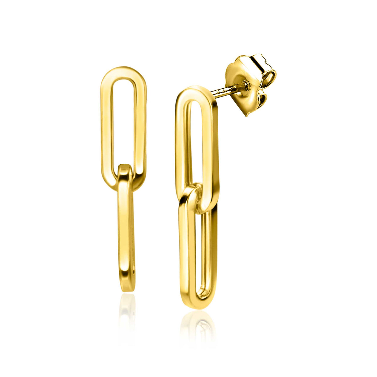 Boucles d'oreilles dorées en forme de maillons, finition lisse et brillante.