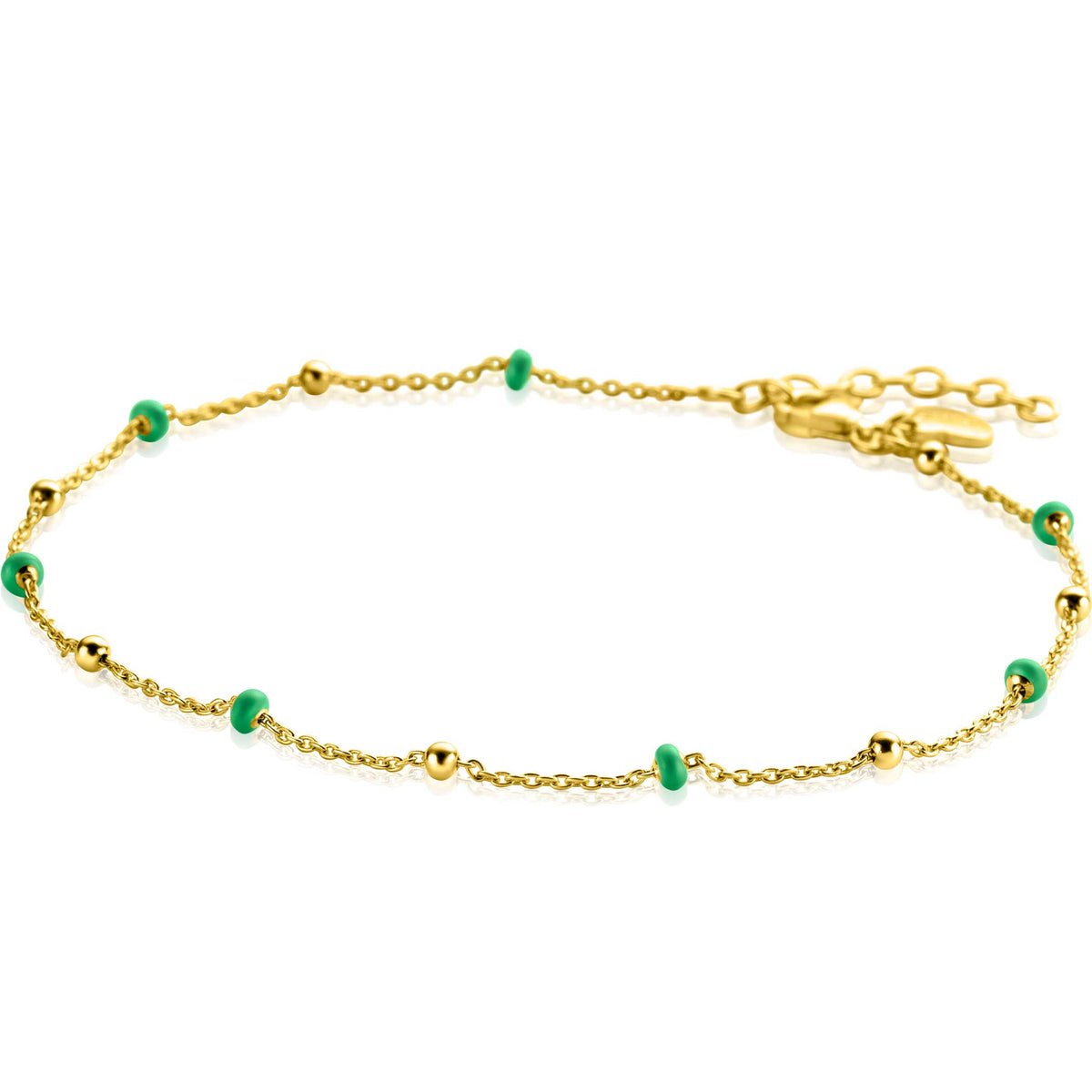 Bracelet doré avec des perles vertes et des maillons délicats.