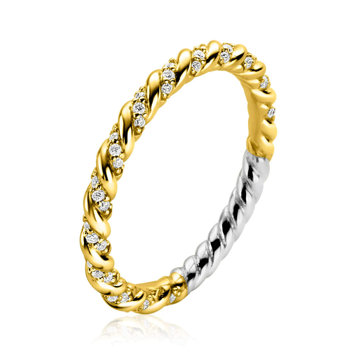 Bague dorée avec tresse et cristaux, partie argentée sur un côté.