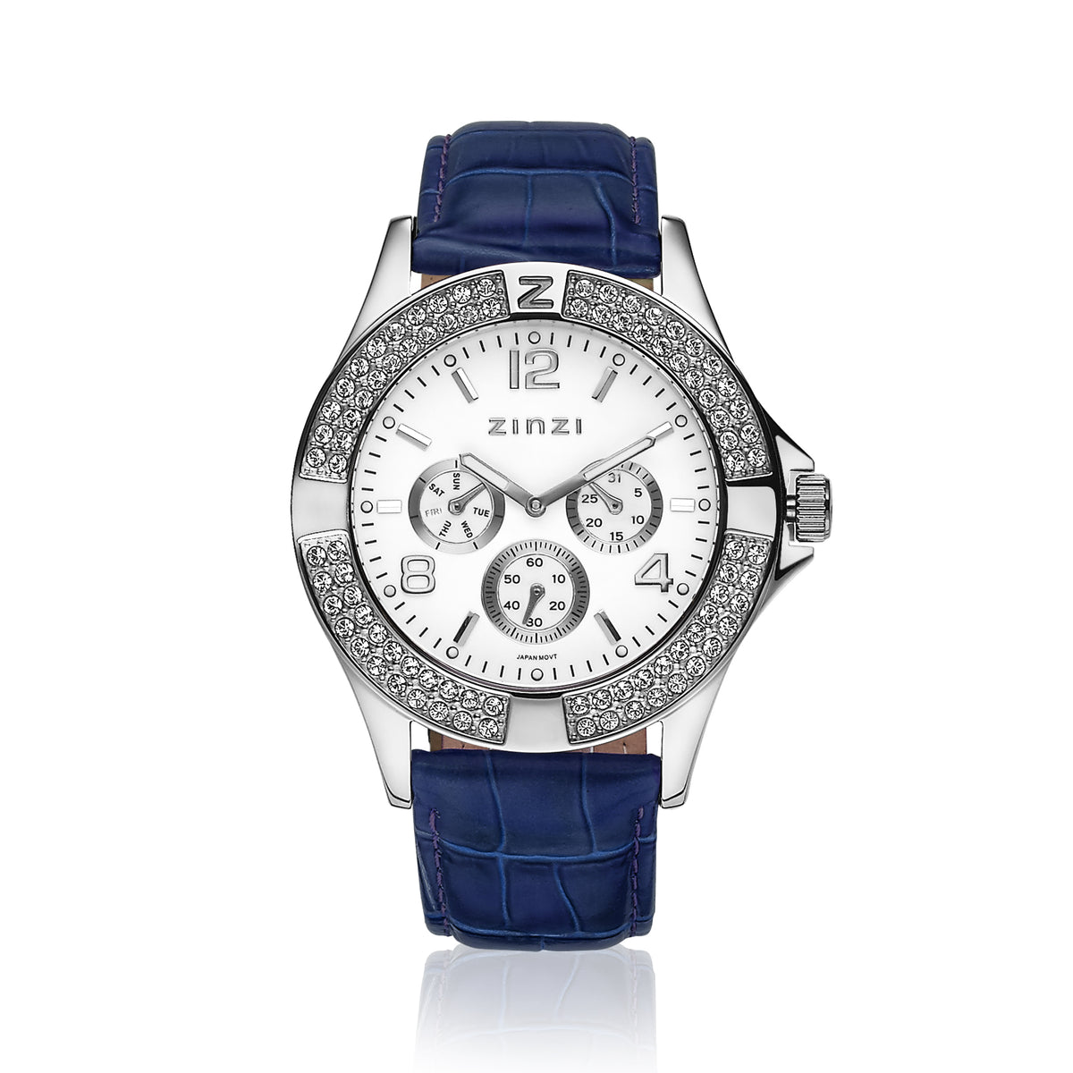 Montre en acier argenté avec un cadran blanc et des cristaux, bracelet en cuir bleu.