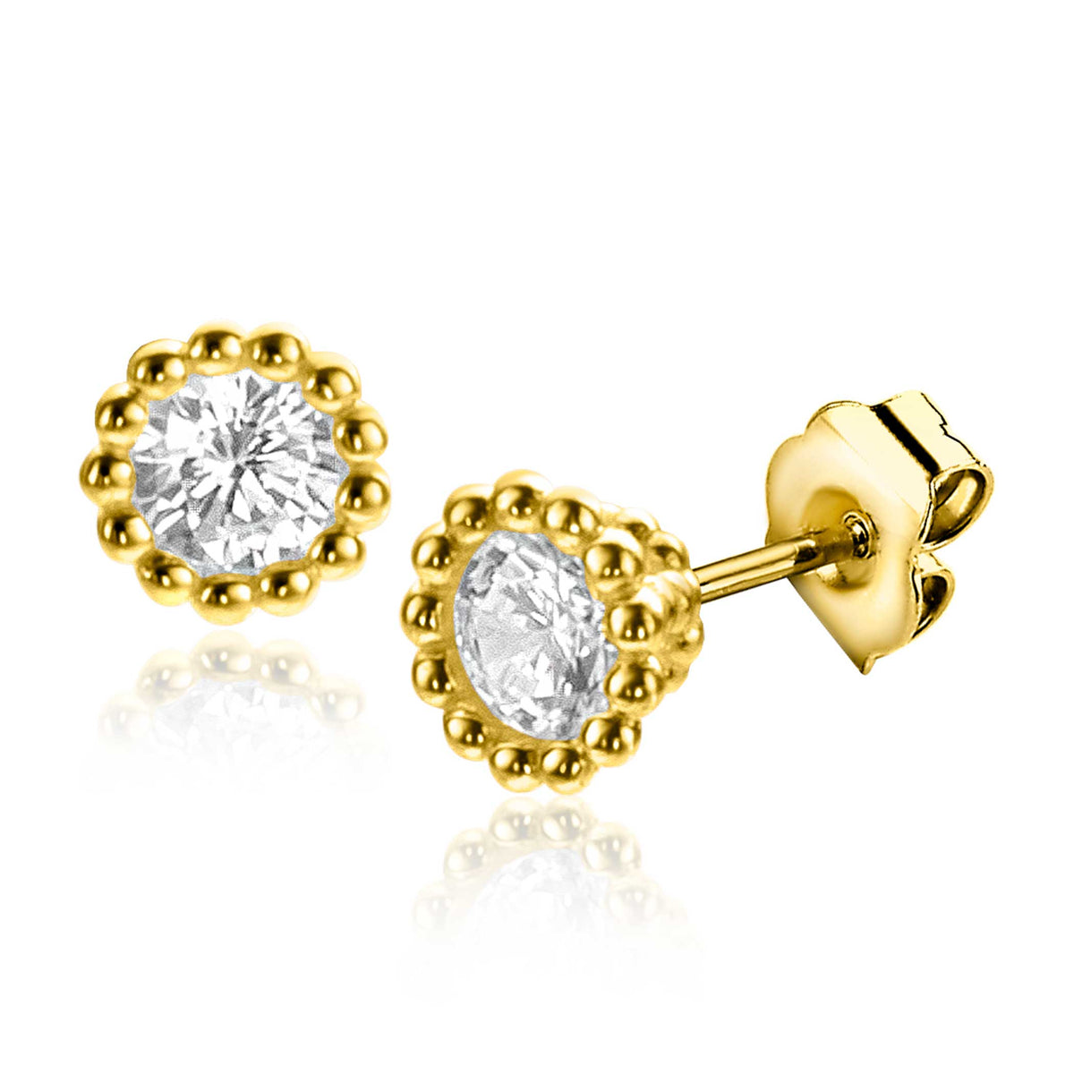 Boucles d'oreilles en or avec un design en perles et un cristal transparent.