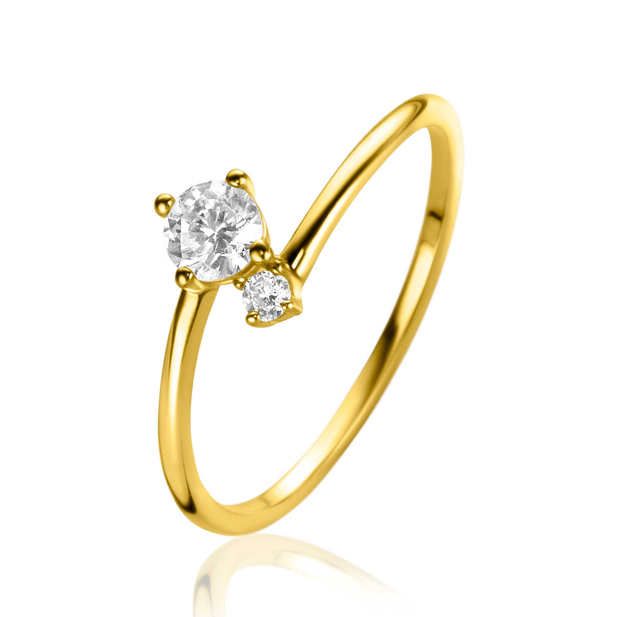 Bague en or avec deux diamants, l'un plus grand et l'autre plus petit, au design délicat.