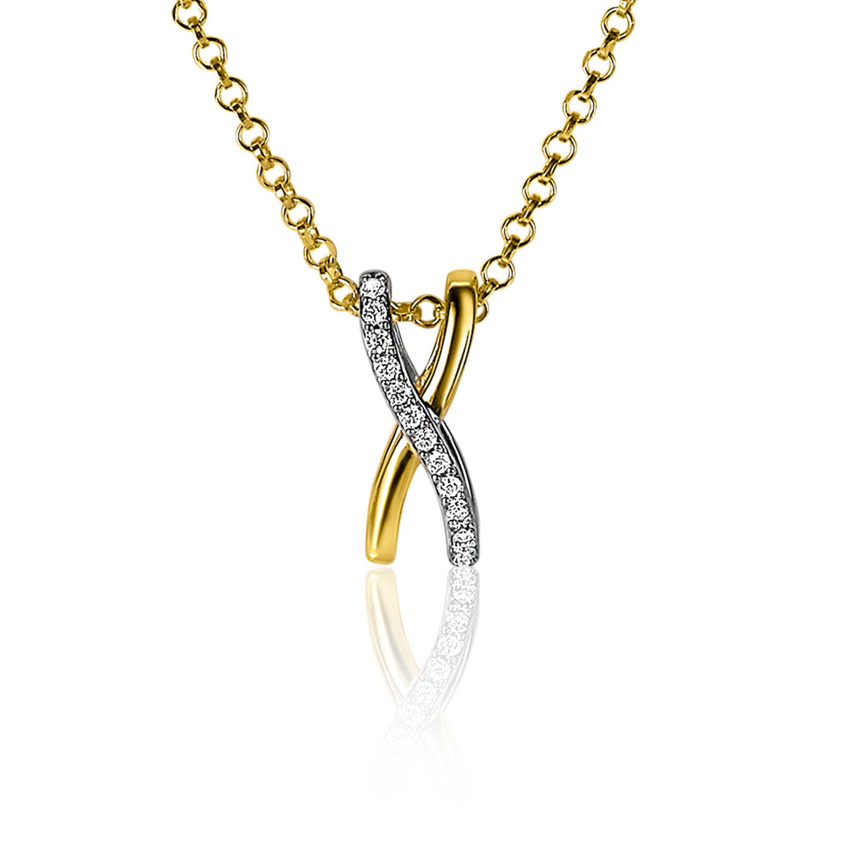 Pendentif doré en forme de croix avec des zircons scintillants.