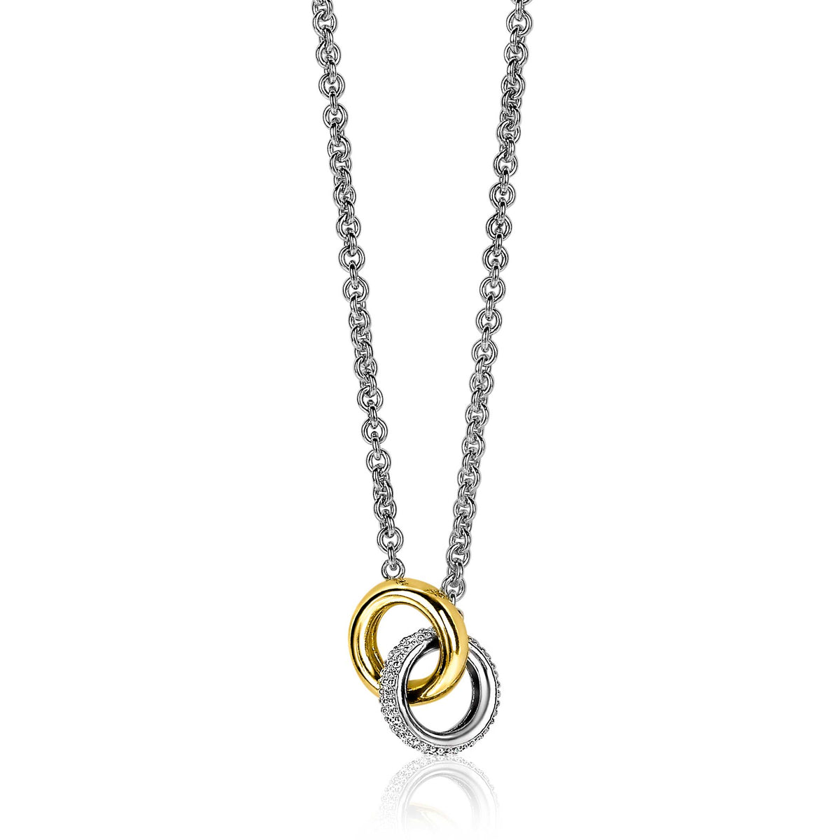Collier en argent avec trois anneaux entrelacés, dont un en or et un serti de pierres.