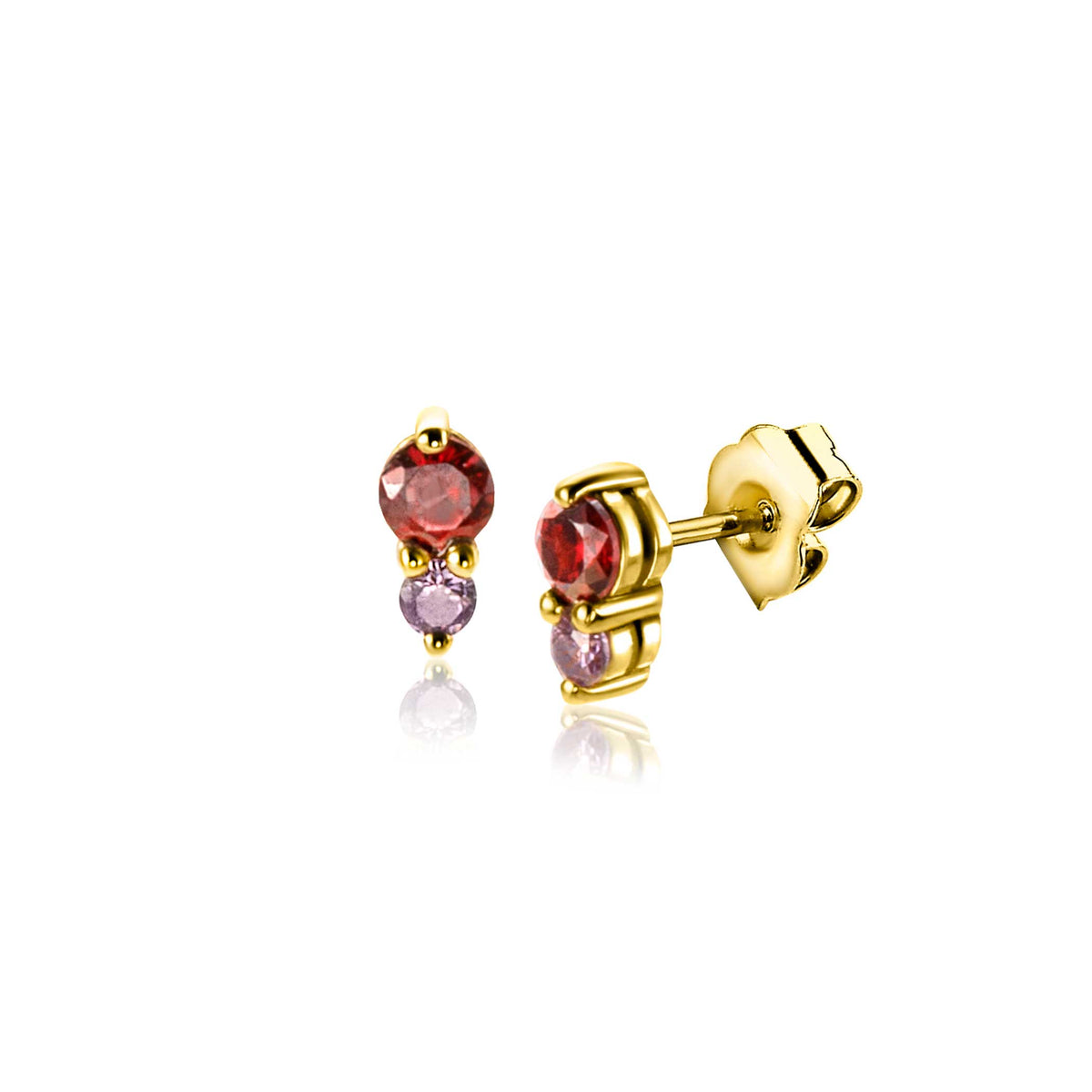 Boucles d'oreilles dorées avec des pierres rouges et violettes, design moderne.