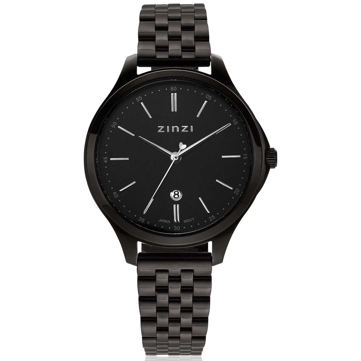 Montre noire en acier avec un bracelet maillé et un cadran épuré.