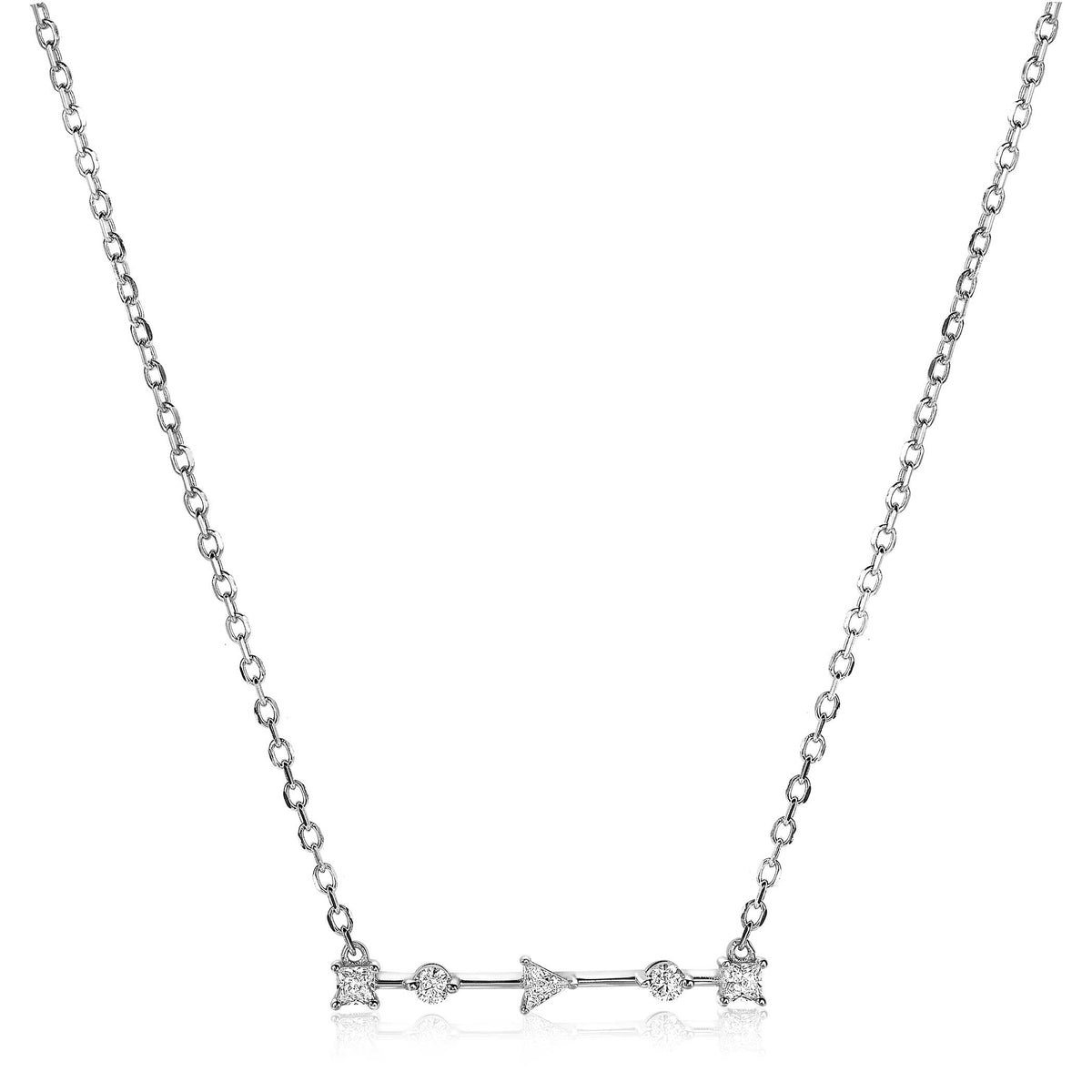 Collier en argent avec des détails en forme de flèche et des pierres brillantes.