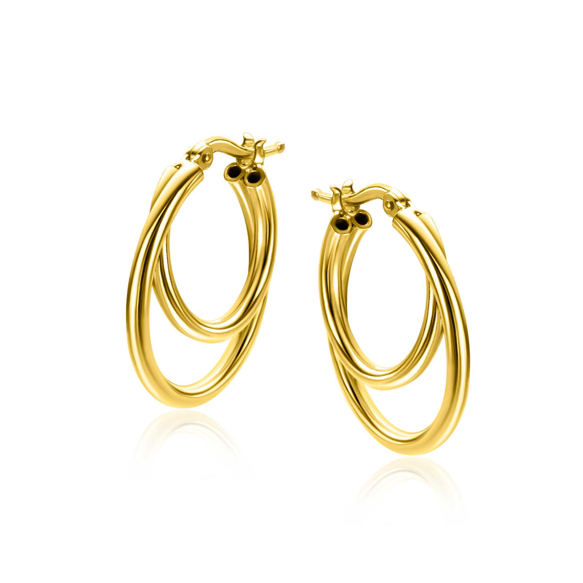 Boucles d'oreilles dorées en forme de doubles anneaux.