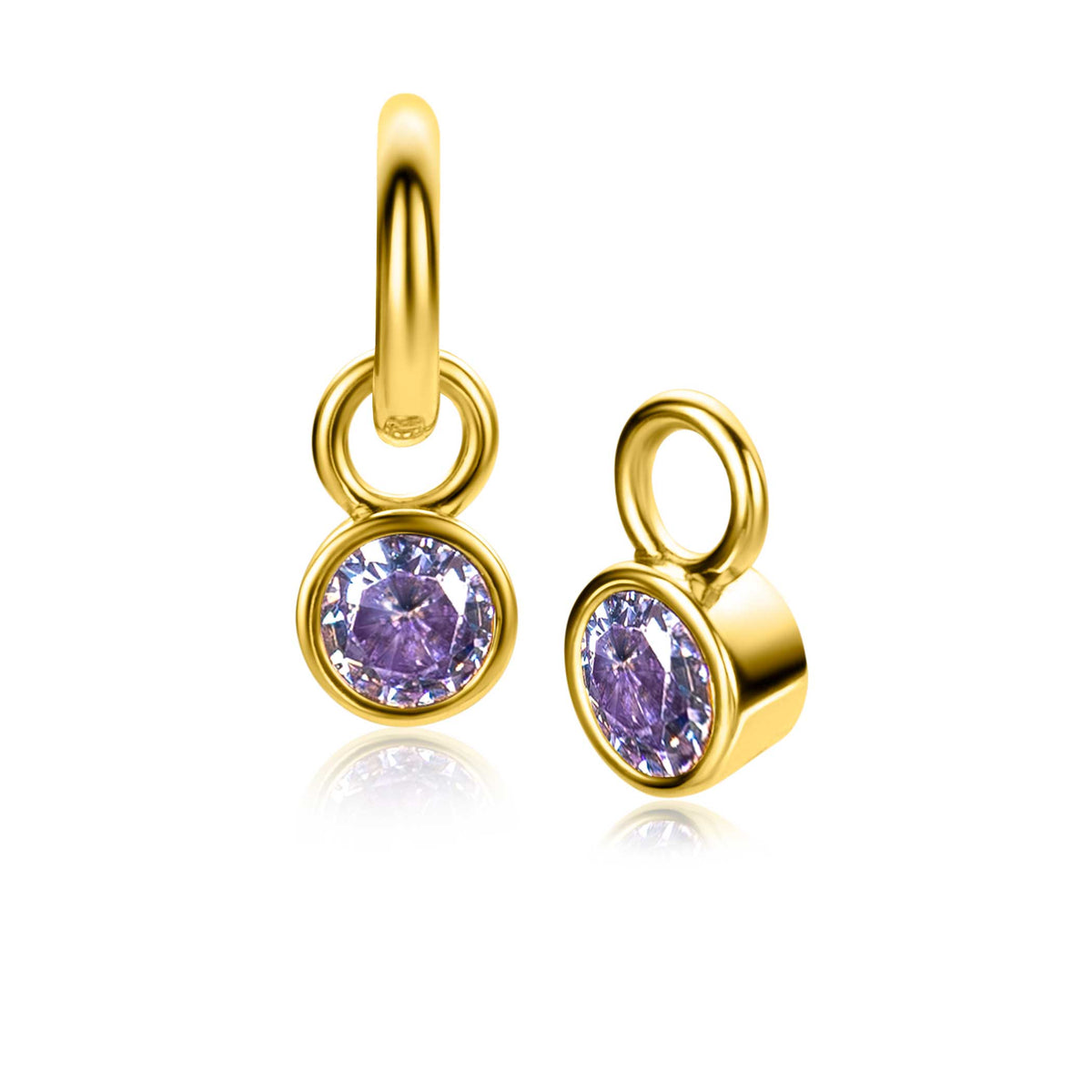 Boucles d'oreilles dorées avec un zircon violet, forme ronde et fermoir en anneau.