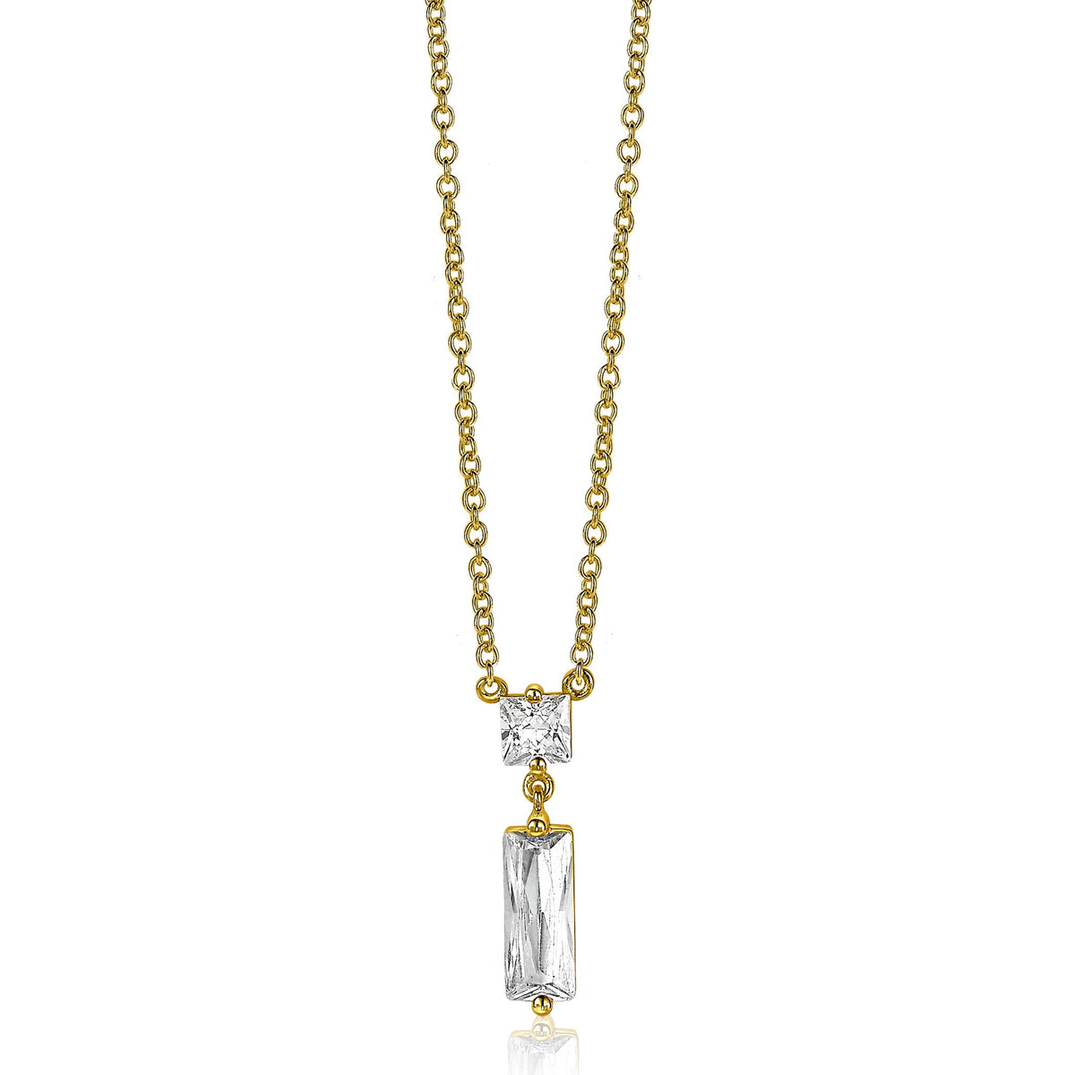Collier doré avec deux pendentifs, un rectangle et un carré, ornés de pierres brillantes.