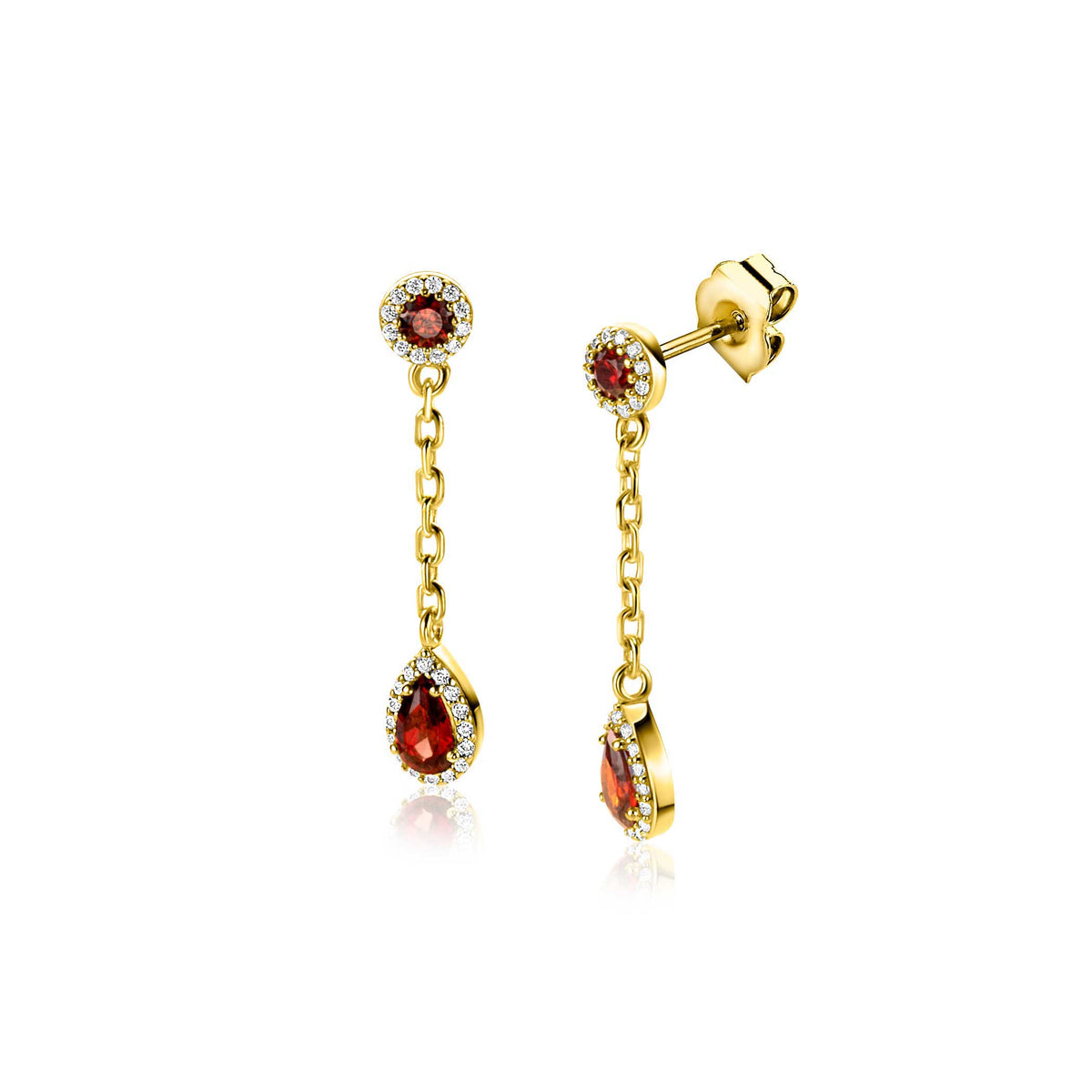 Boucles d'oreilles dorées avec pendentifs en forme de goutte et pierres rouges.