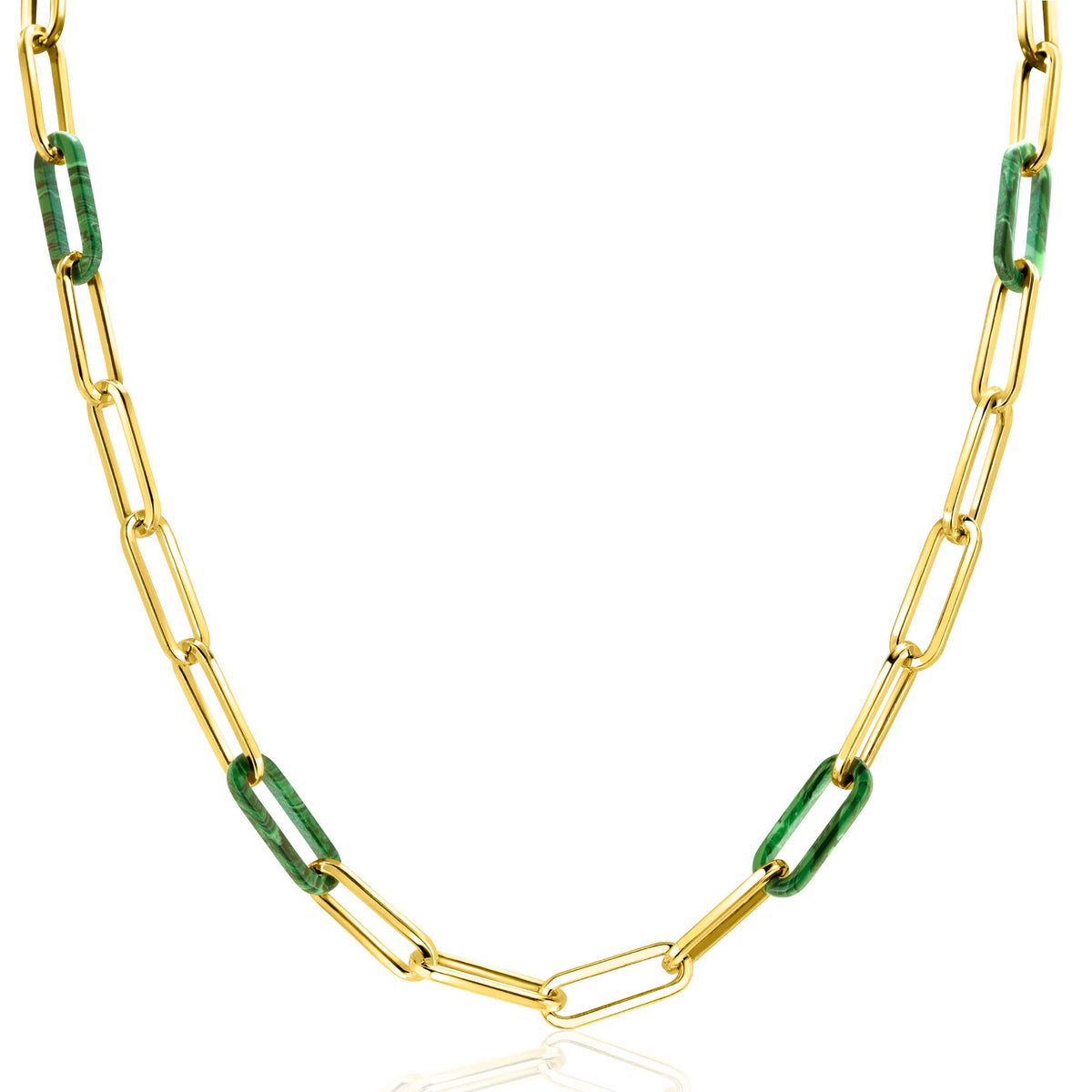 Collier doré avec maillons en métal et éléments en résine verte.
