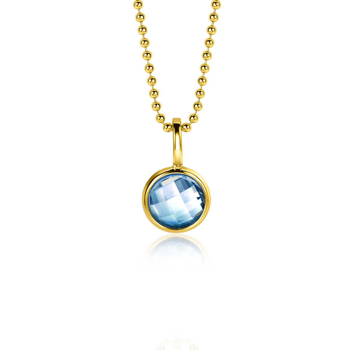 Pendentif doré avec une pierre bleue ronde et chaîne à billes.