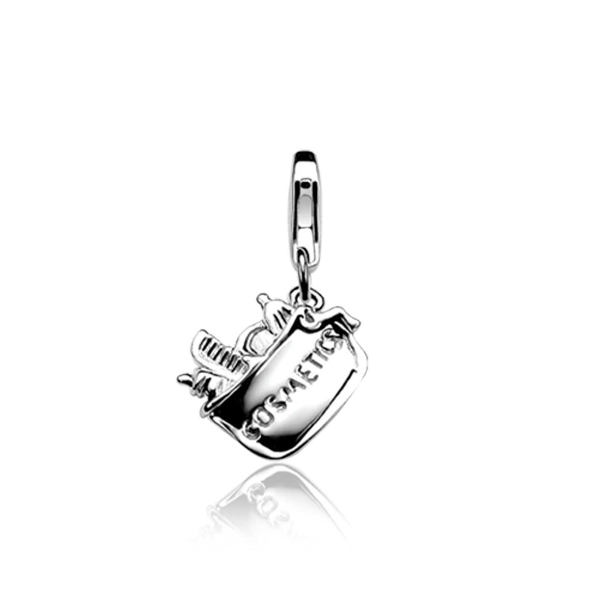 pendentif en argent en forme de trousse de maquillage avec des détails de pinceaux.