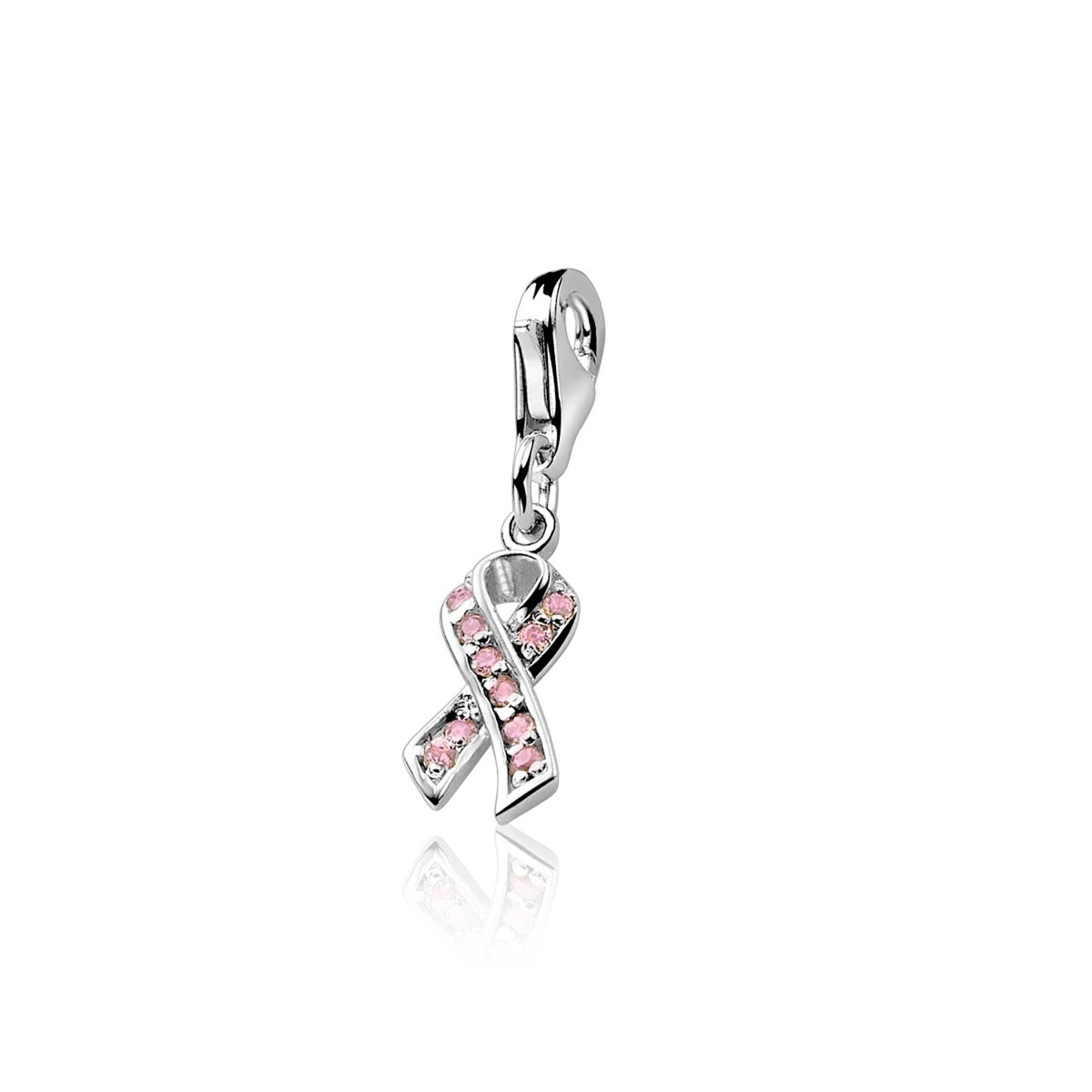 Pendentif en argent avec un motif de ruban orné de pierres roses.