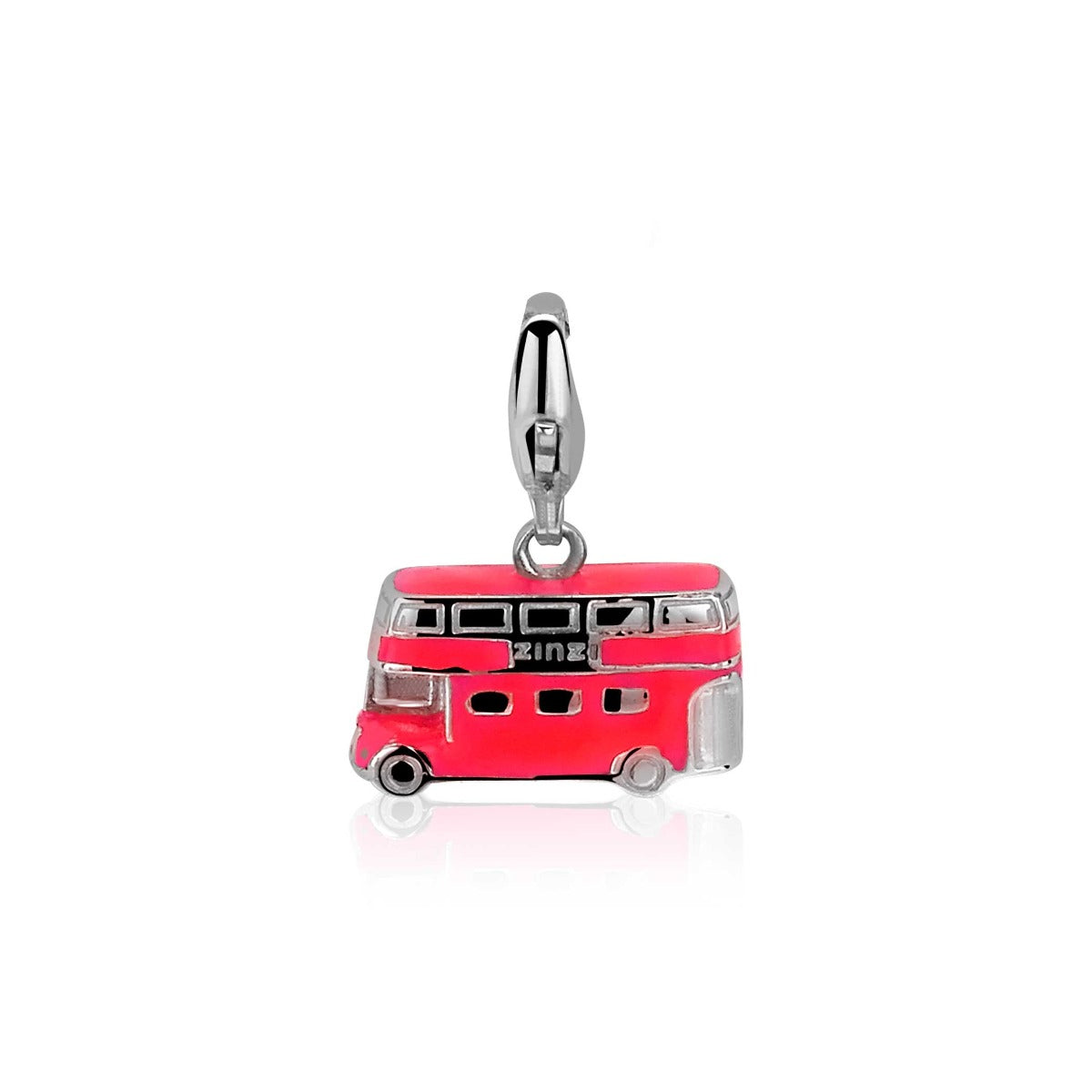 pendentif en argent en forme de bus rouge avec détails en émail.