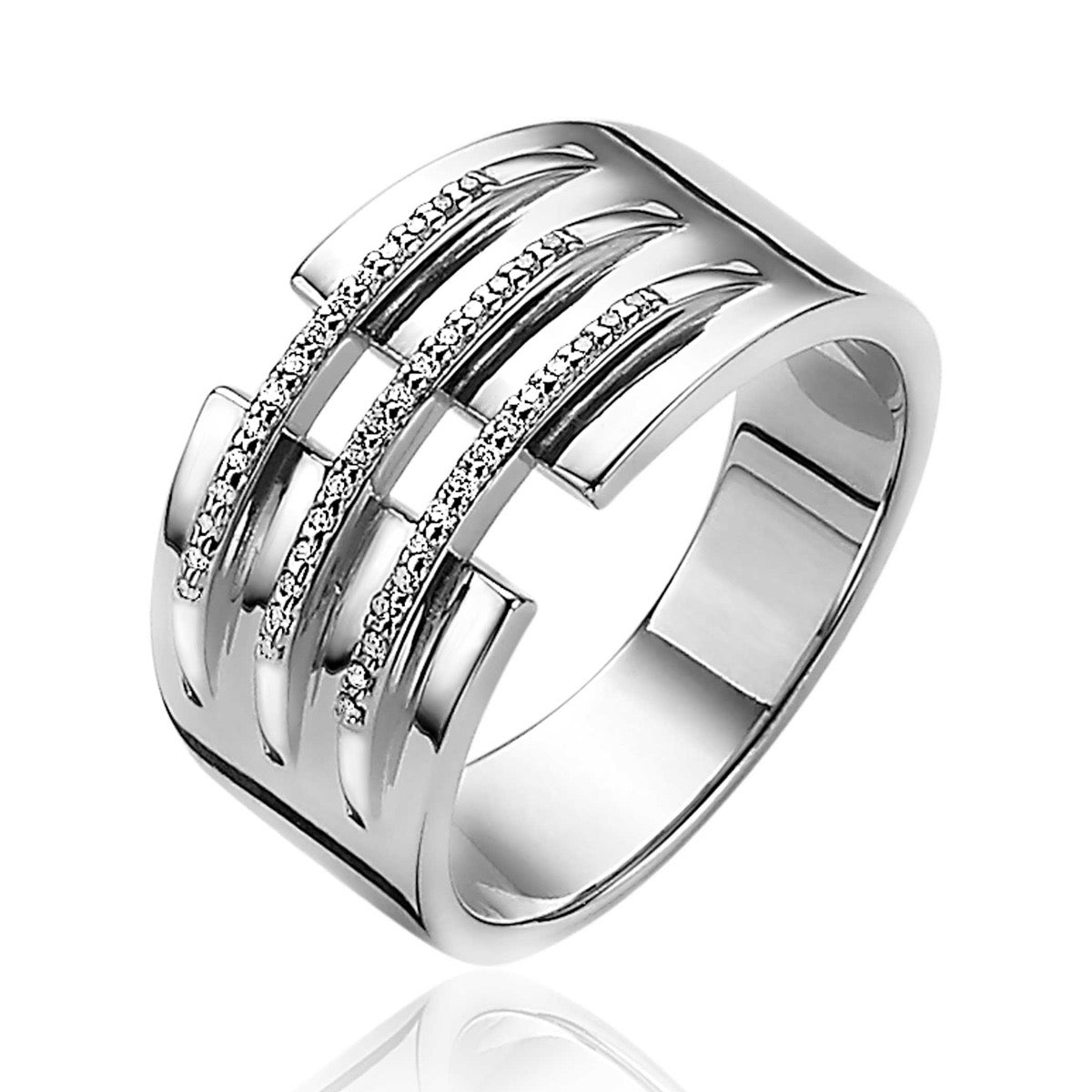 Bague en argent avec des bandes entrecroisées et des zircons.