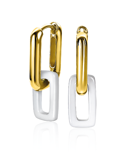 Boucles d'oreilles dorées avec un design en forme de chaîne et un élément rectangulaire blanc.