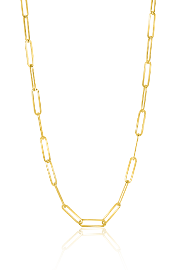 Collier doré en maillons allongés avec un détail central.