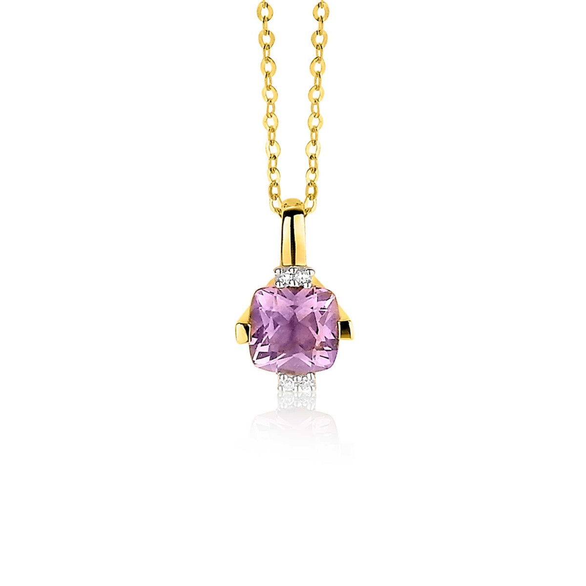 Pendentif en or avec une pierre rose et des détails en zircon.