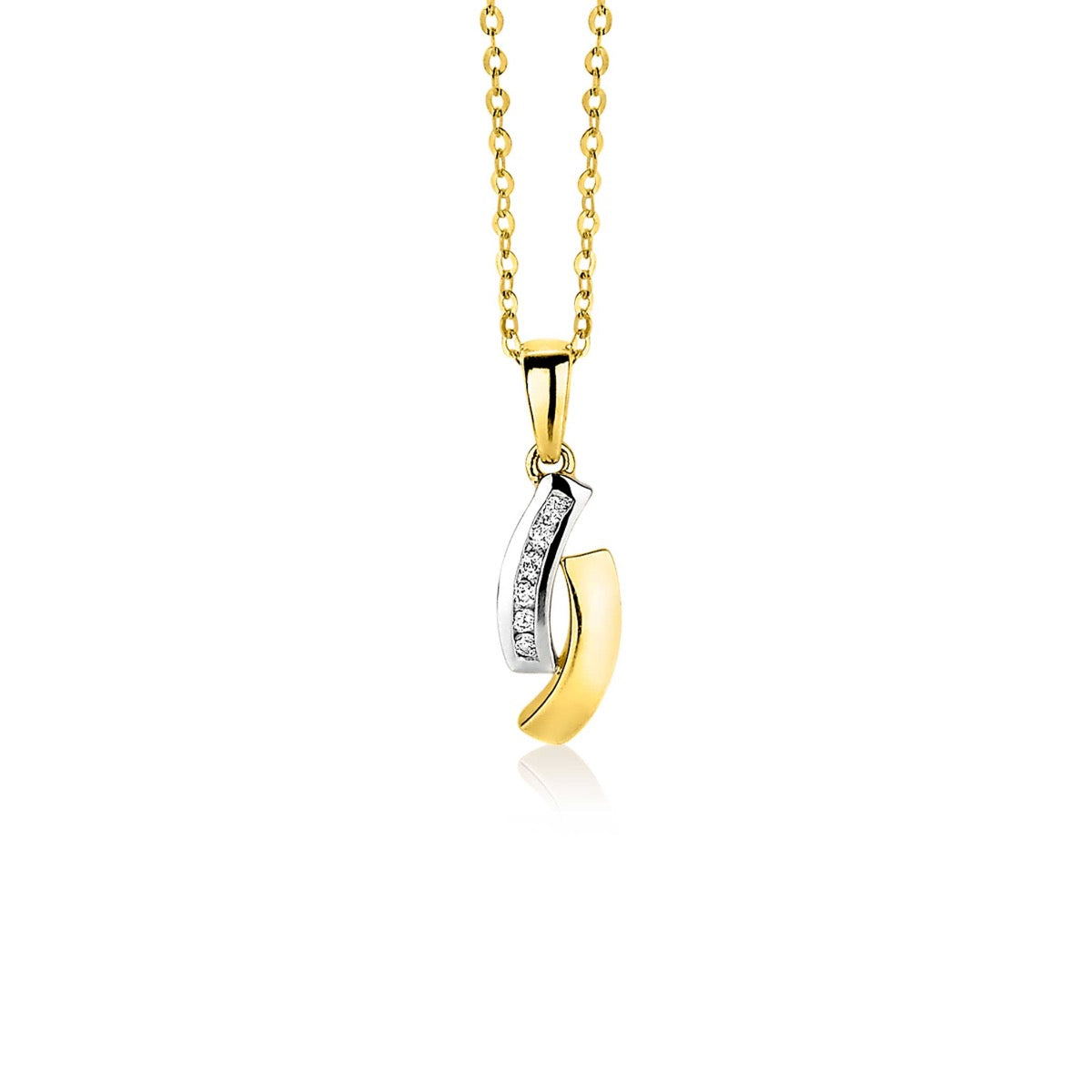 Pendentif en or avec une partie argentée et des zircons, suspendu à une chaîne dorée.