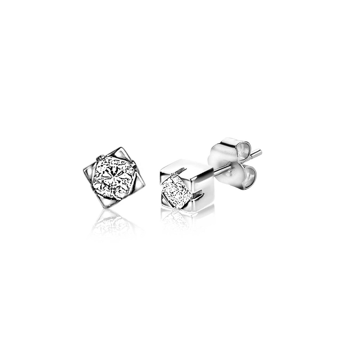 Boucles d'oreilles en or avec un design carré et des détails scintillants.