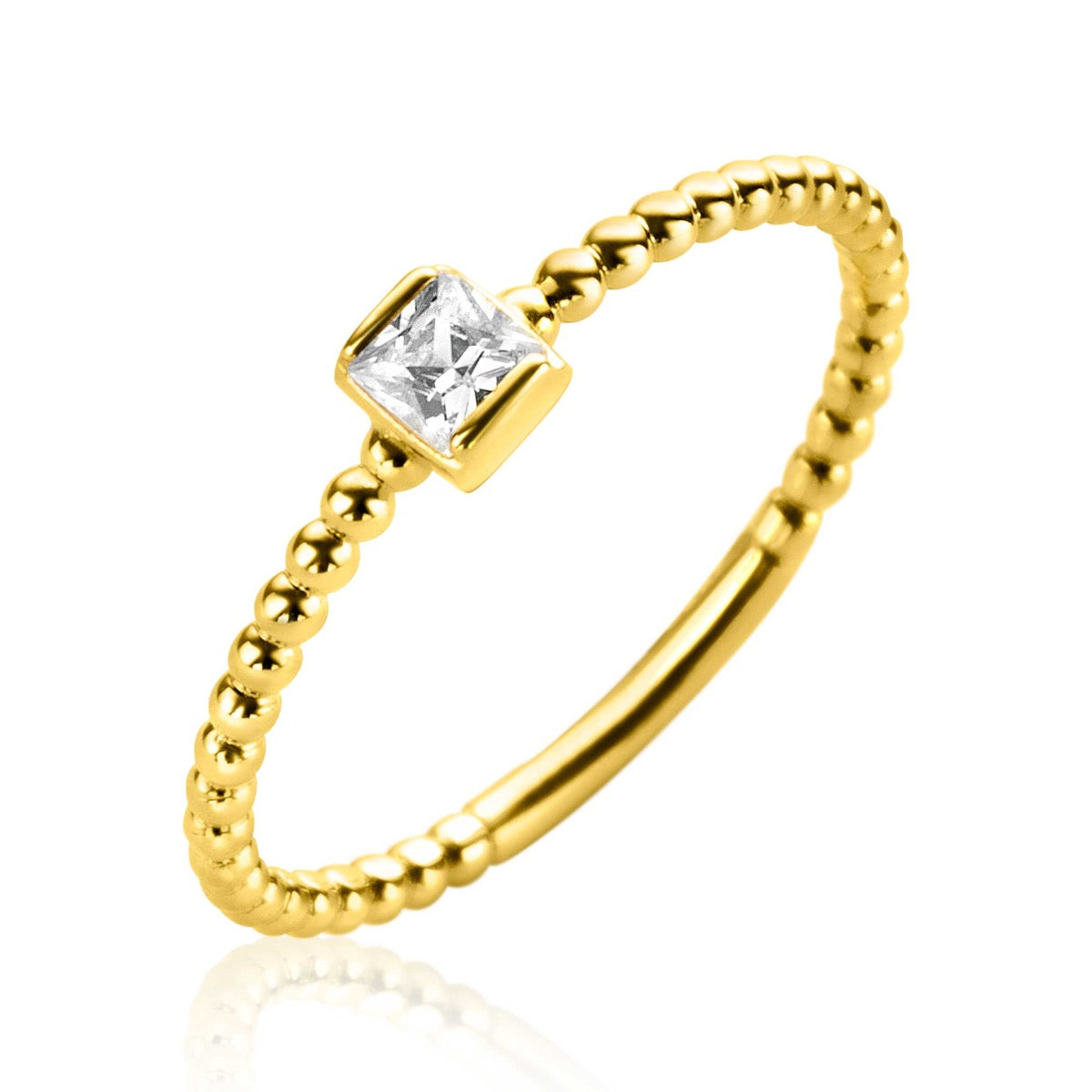 Bague en or avec un zircon carré et un design à perles.