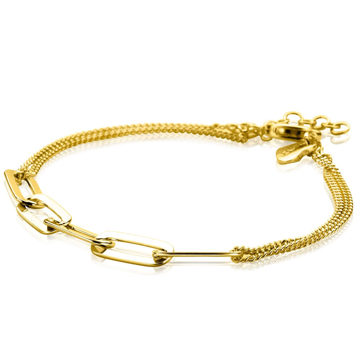 Bracelet doré avec maillons ovales et chaîne tressée, finition brillante.